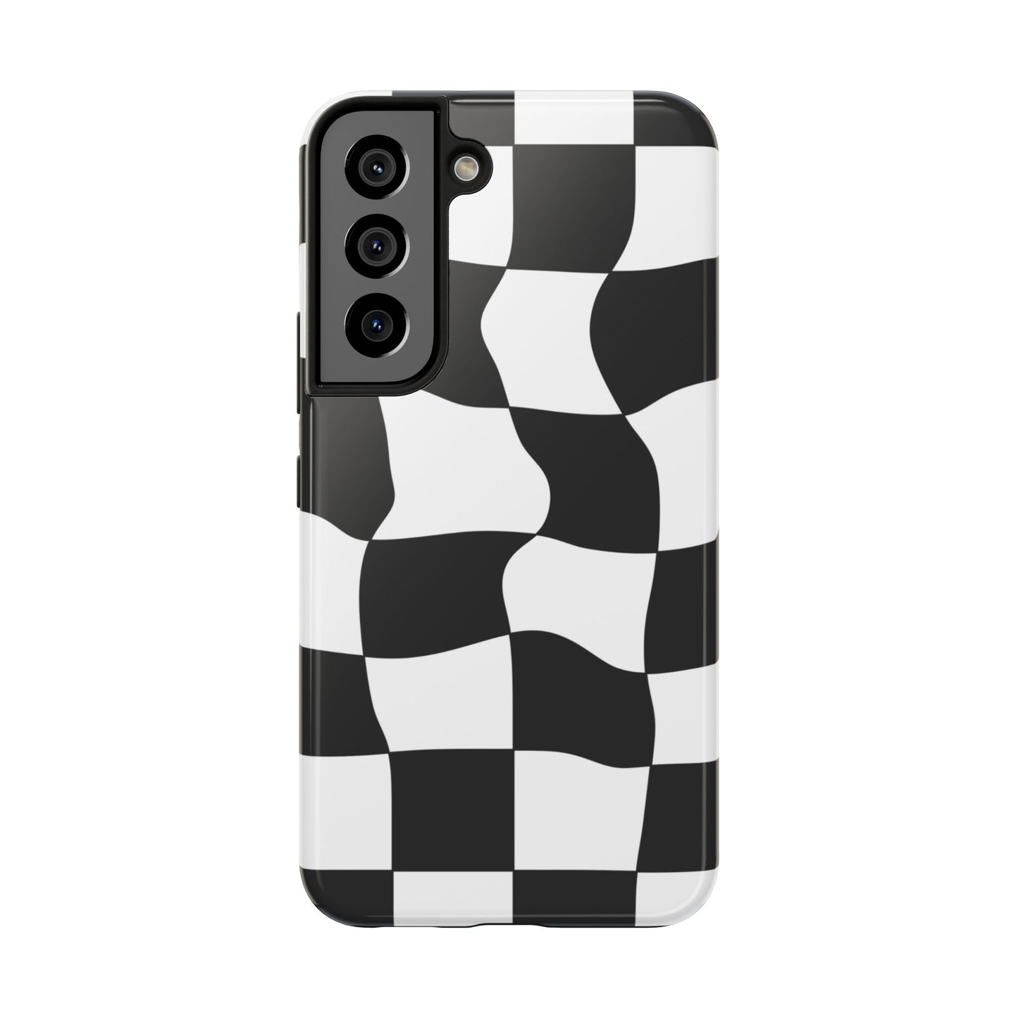 "Stand out with this sleek, black-and-white checkered phone case featuring a stylish, wavy design for a unique and modern look!"