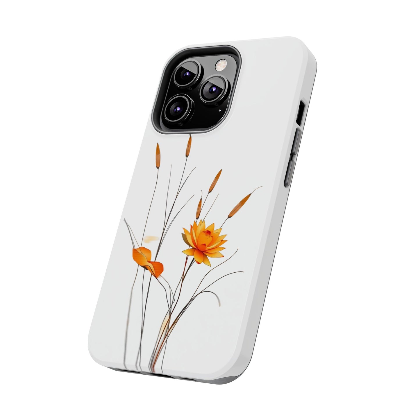 "Nature-Inspired Design Tough Phone Case – Bold Orange Blossom with Graceful Reeds"