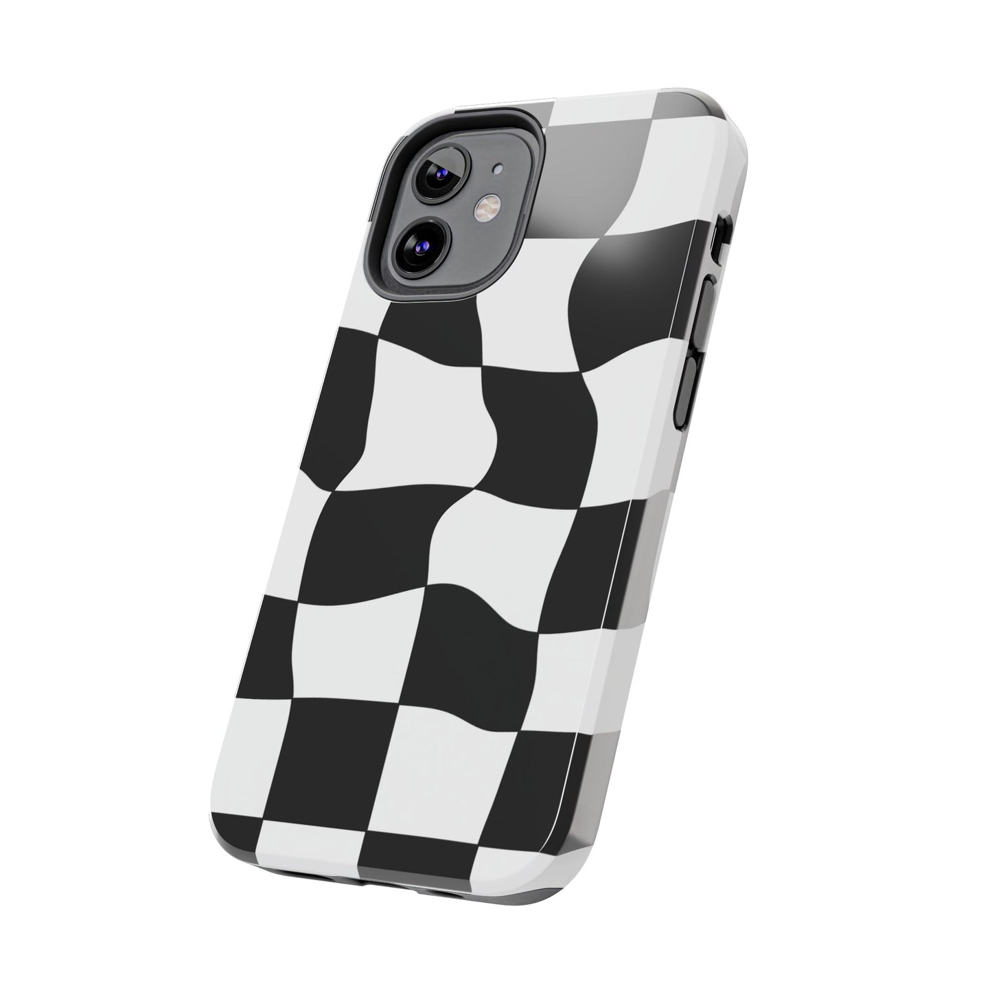 "Stand out with this sleek, black-and-white checkered phone case featuring a stylish, wavy design for a unique and modern look!"