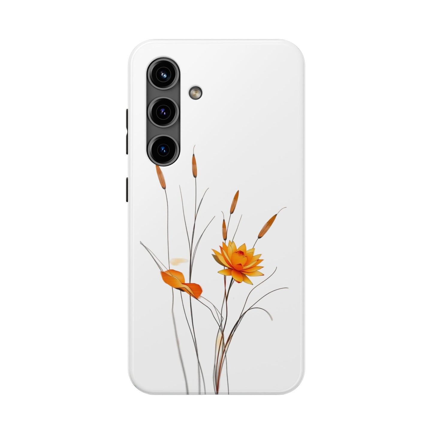 "Nature-Inspired Design Tough Phone Case – Bold Orange Blossom with Graceful Reeds"