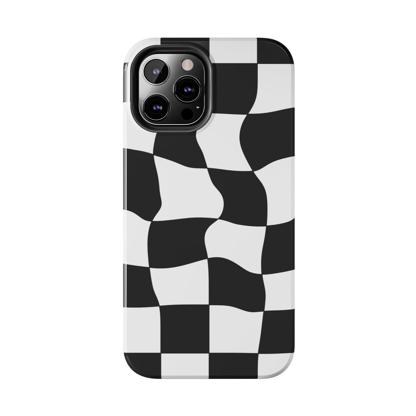 "Stand out with this sleek, black-and-white checkered phone case featuring a stylish, wavy design for a unique and modern look!"