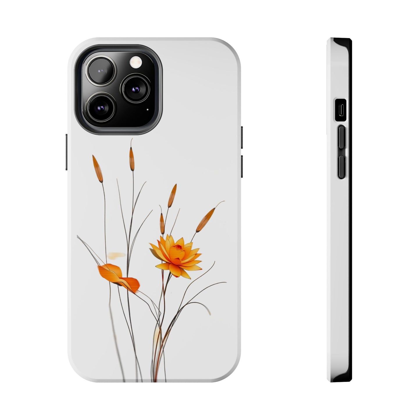 "Nature-Inspired Design Tough Phone Case – Bold Orange Blossom with Graceful Reeds"