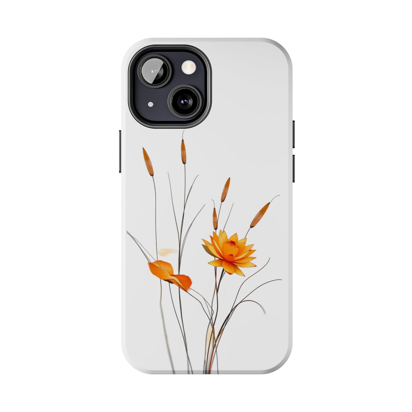 "Nature-Inspired Design Tough Phone Case – Bold Orange Blossom with Graceful Reeds"