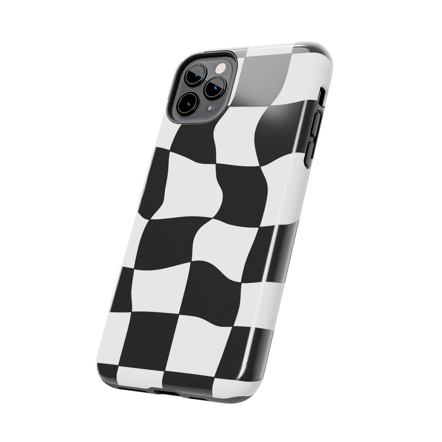 "Stand out with this sleek, black-and-white checkered phone case featuring a stylish, wavy design for a unique and modern look!"