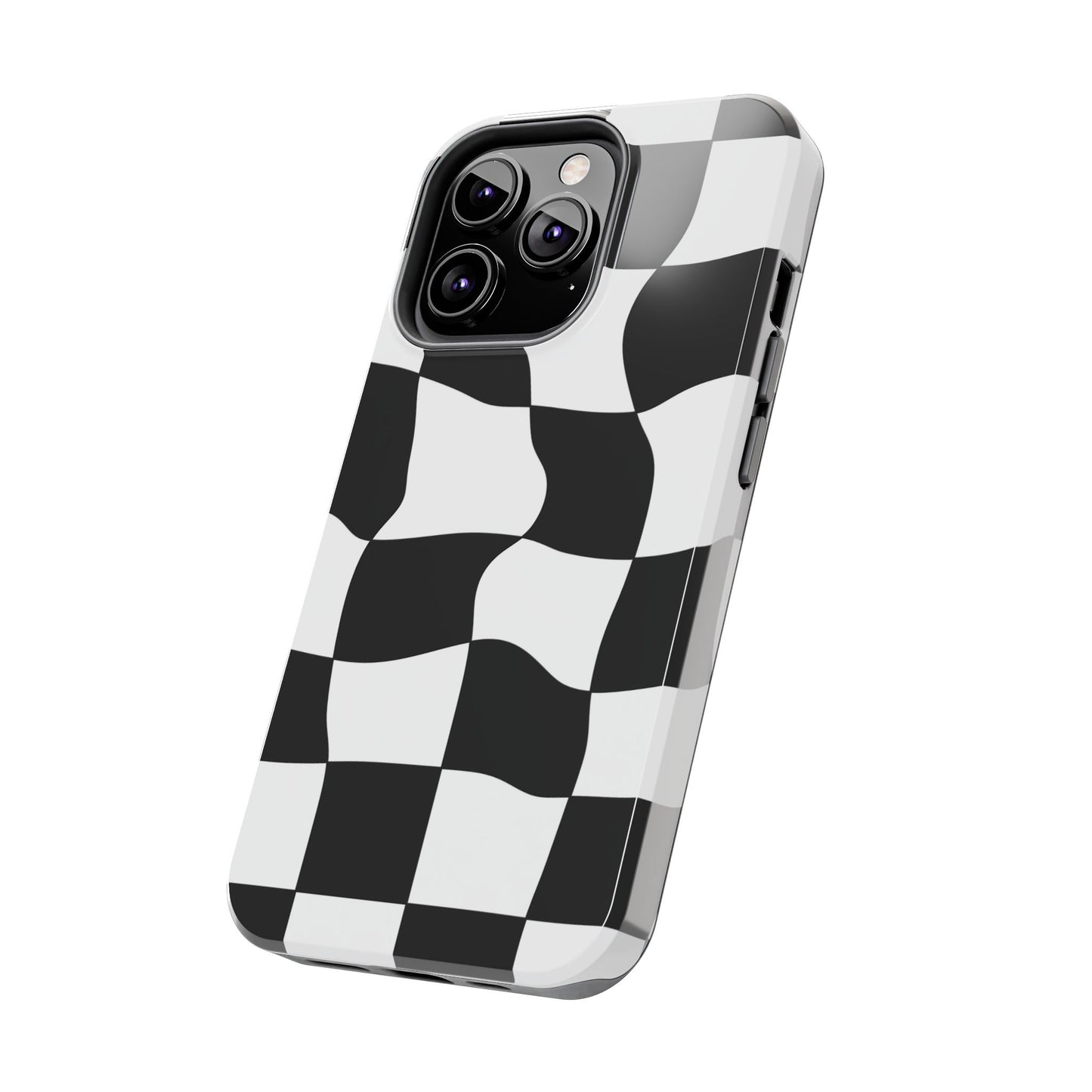 "Stand out with this sleek, black-and-white checkered phone case featuring a stylish, wavy design for a unique and modern look!"