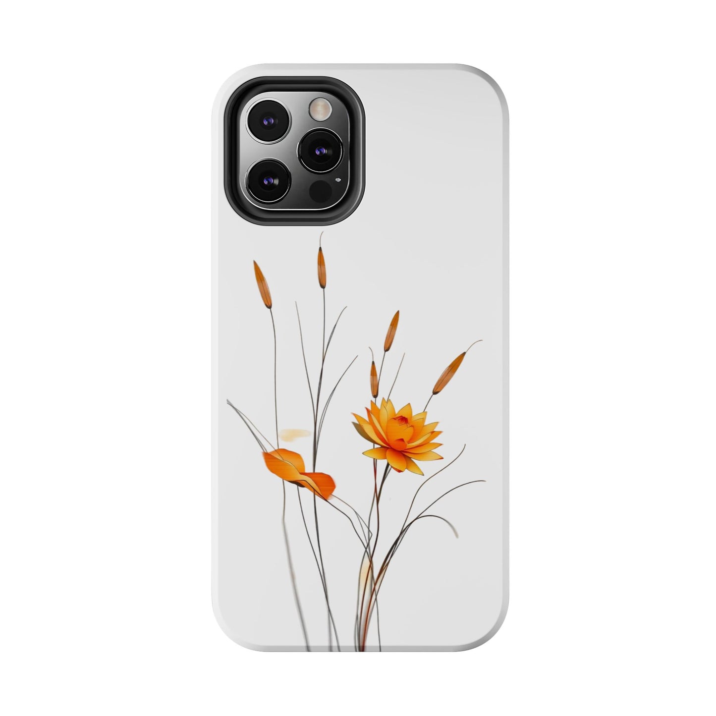 "Nature-Inspired Design Tough Phone Case – Bold Orange Blossom with Graceful Reeds"