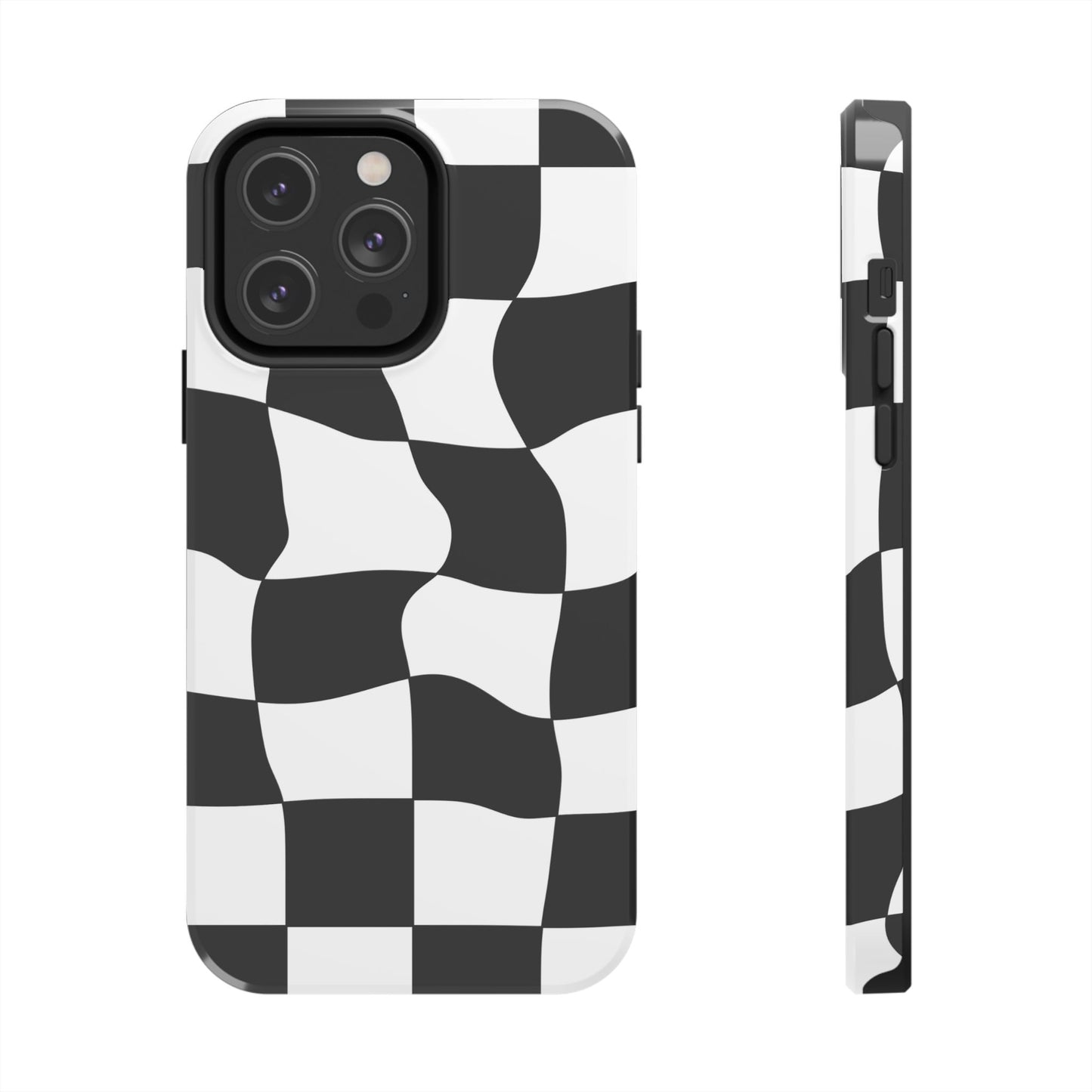 "Stand out with this sleek, black-and-white checkered phone case featuring a stylish, wavy design for a unique and modern look!"