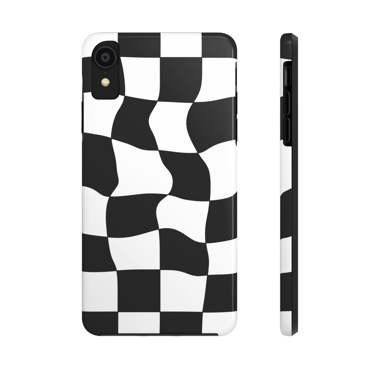 "Stand out with this sleek, black-and-white checkered phone case featuring a stylish, wavy design for a unique and modern look!"