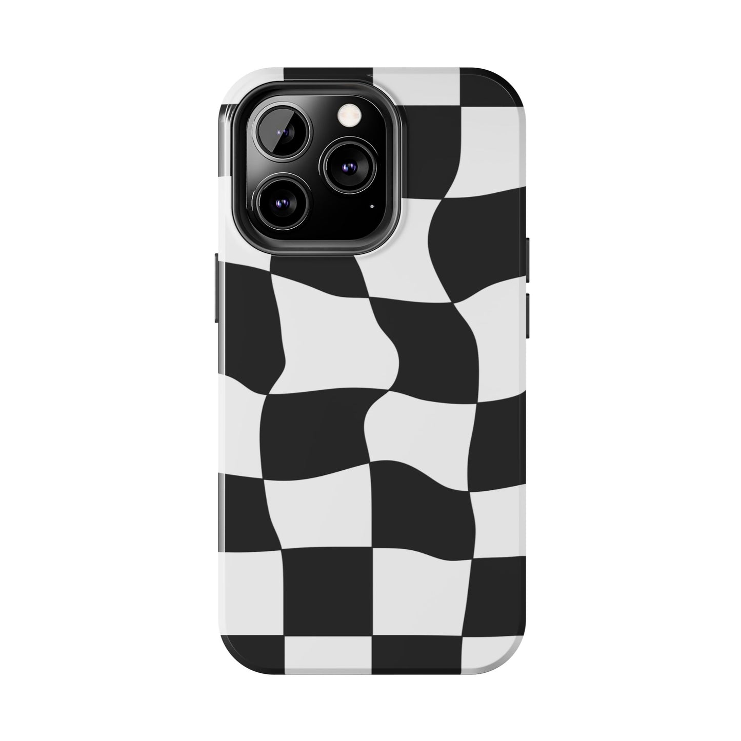 "Stand out with this sleek, black-and-white checkered phone case featuring a stylish, wavy design for a unique and modern look!"