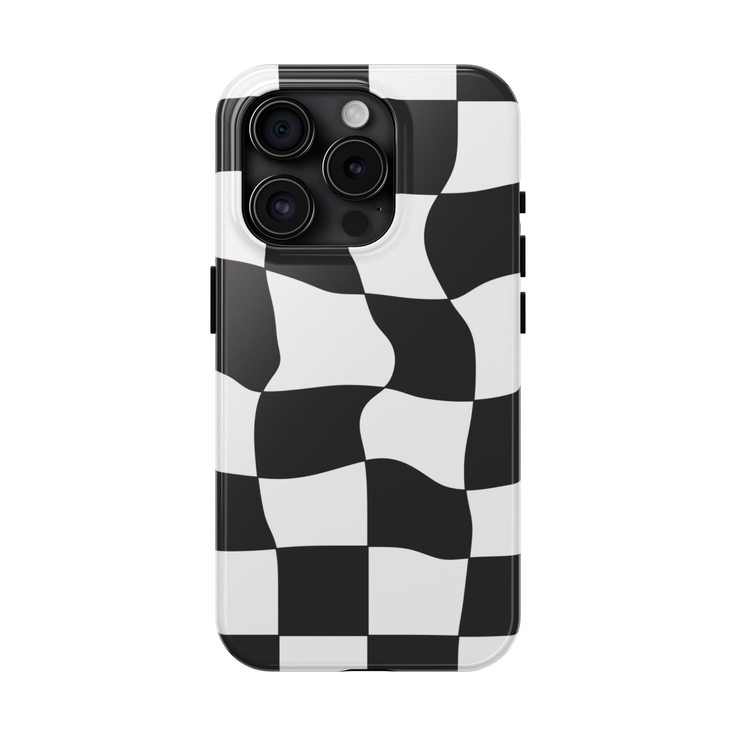 "Stand out with this sleek, black-and-white checkered phone case featuring a stylish, wavy design for a unique and modern look!"