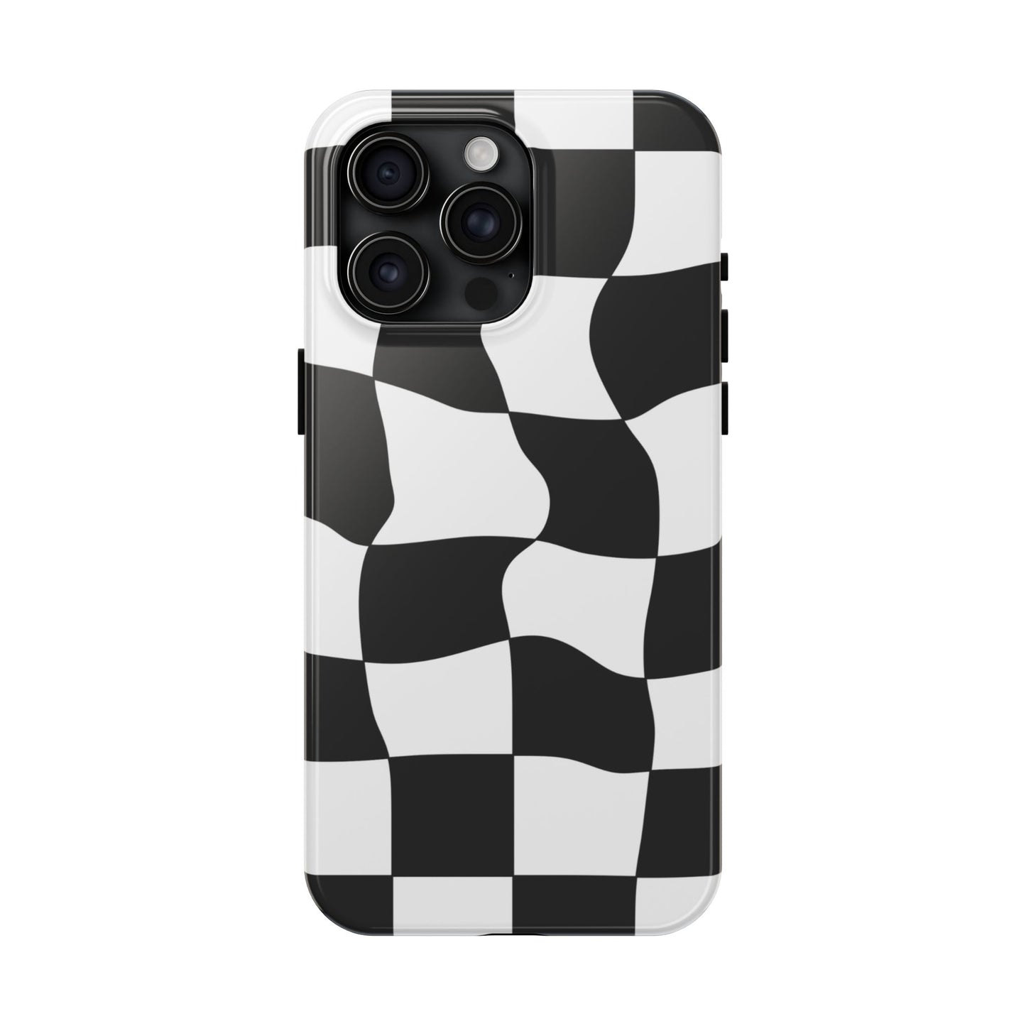 "Stand out with this sleek, black-and-white checkered phone case featuring a stylish, wavy design for a unique and modern look!"