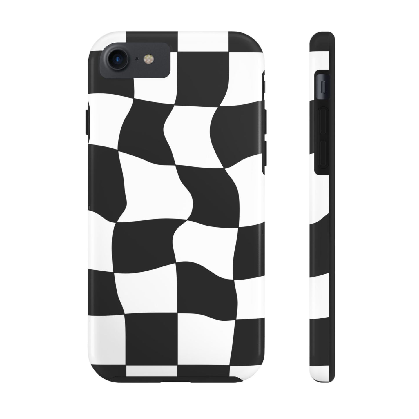 "Stand out with this sleek, black-and-white checkered phone case featuring a stylish, wavy design for a unique and modern look!"