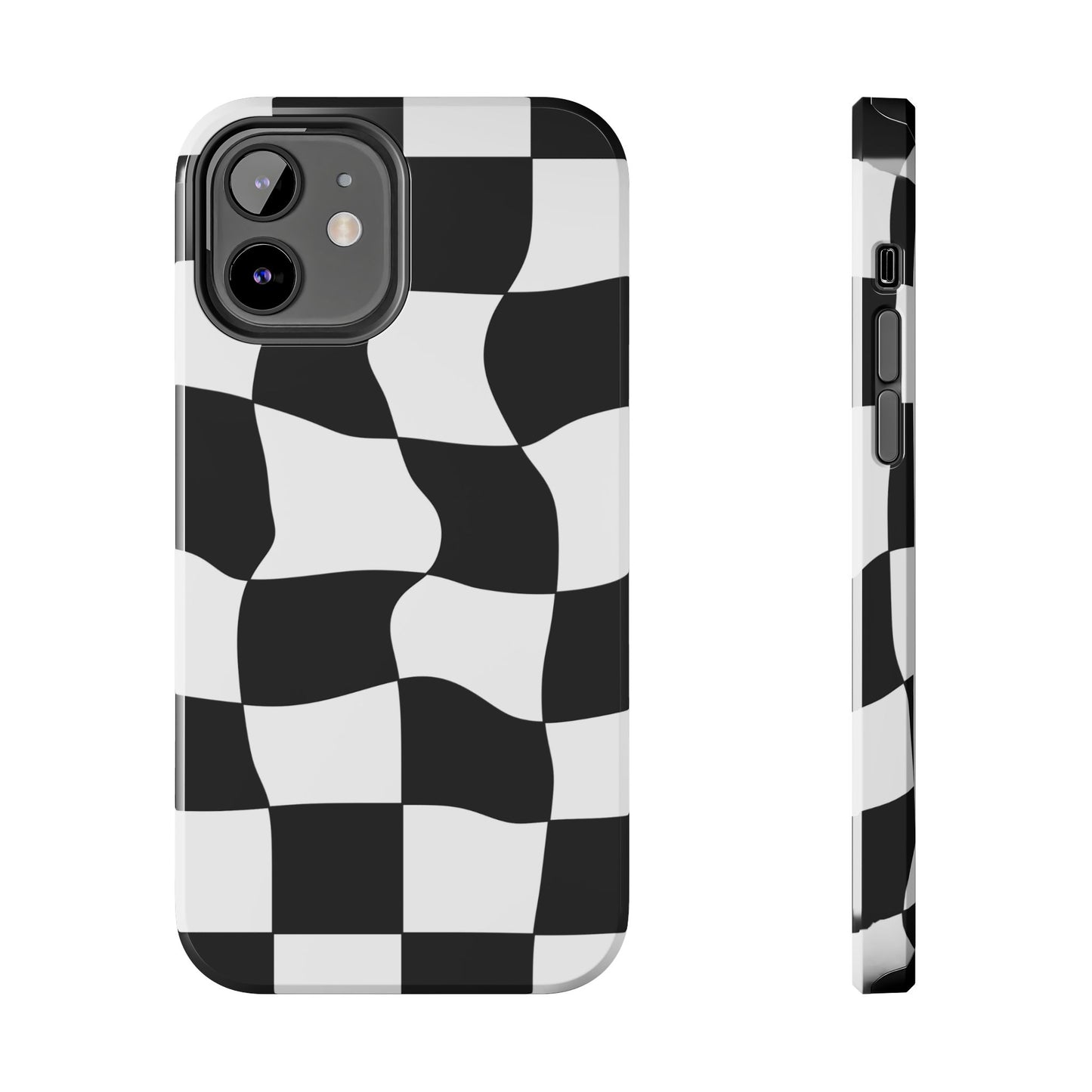 "Stand out with this sleek, black-and-white checkered phone case featuring a stylish, wavy design for a unique and modern look!"