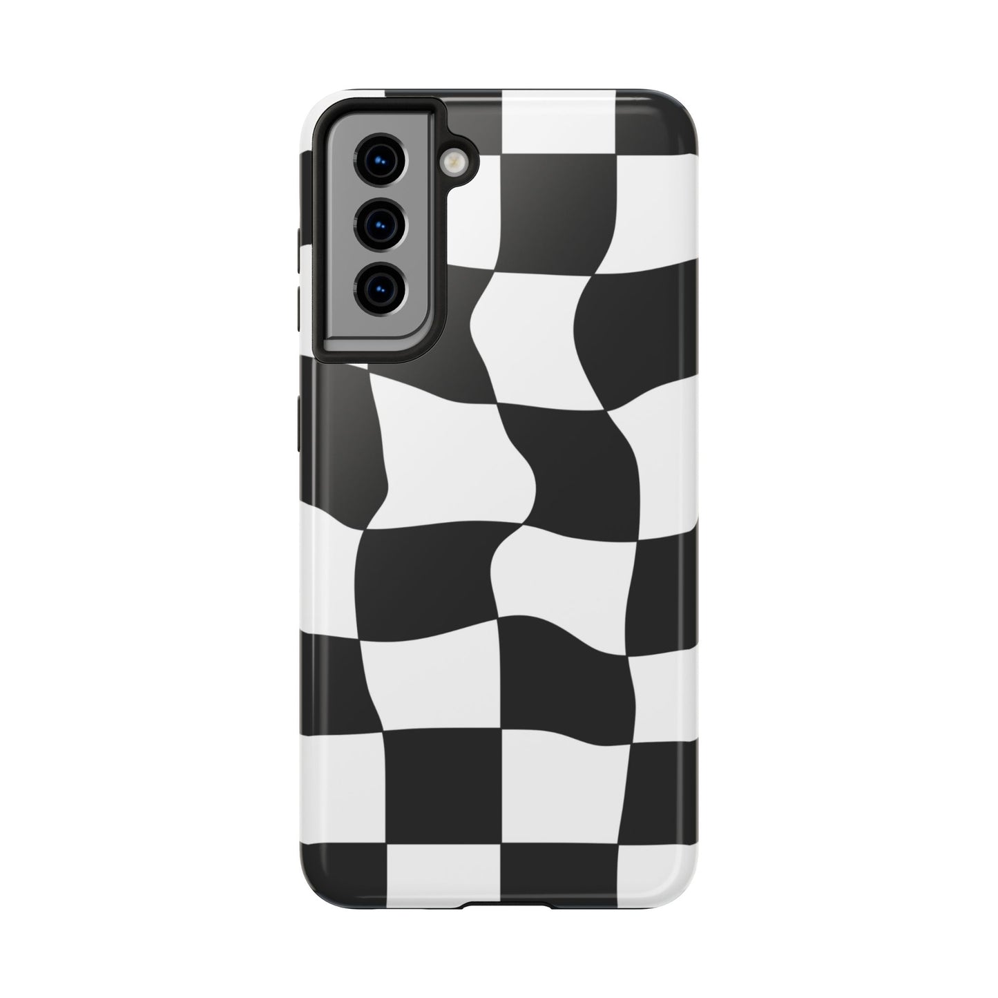 "Stand out with this sleek, black-and-white checkered phone case featuring a stylish, wavy design for a unique and modern look!"