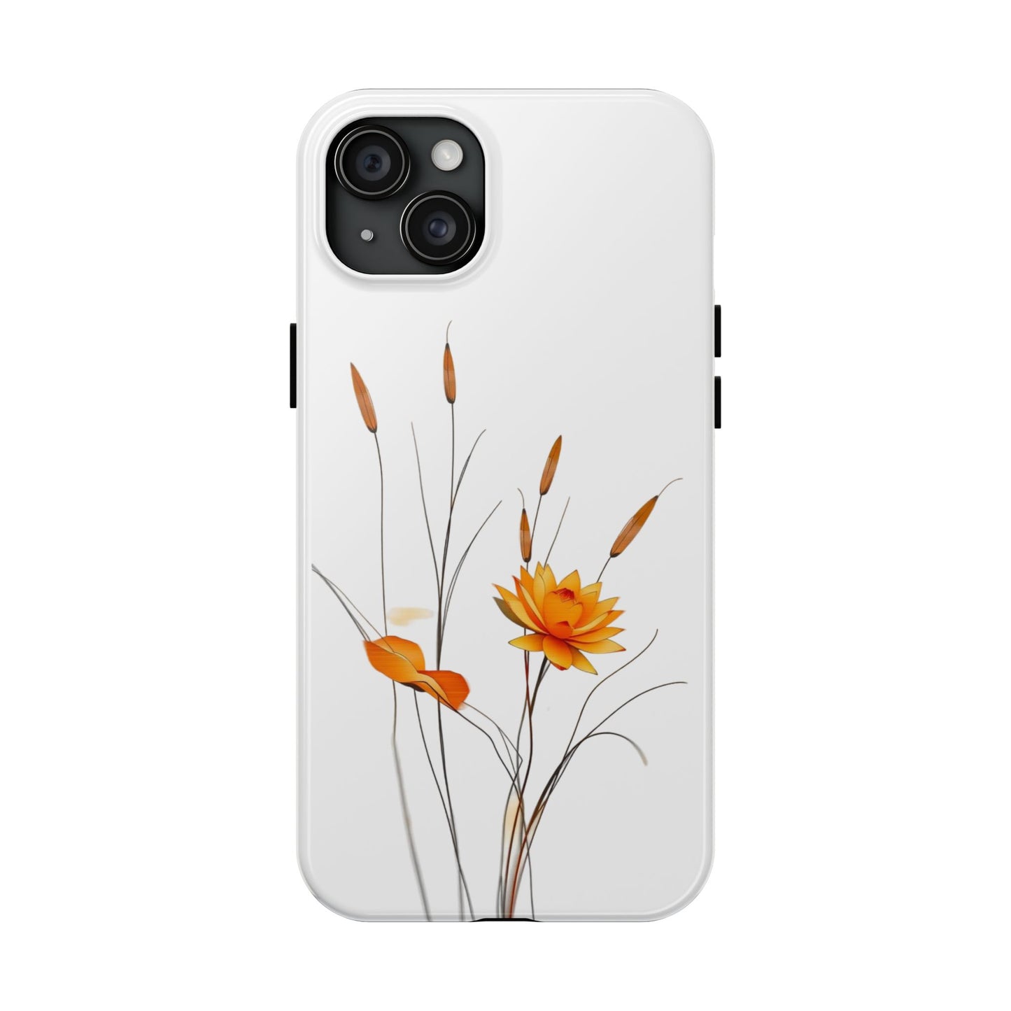 "Nature-Inspired Design Tough Phone Case – Bold Orange Blossom with Graceful Reeds"