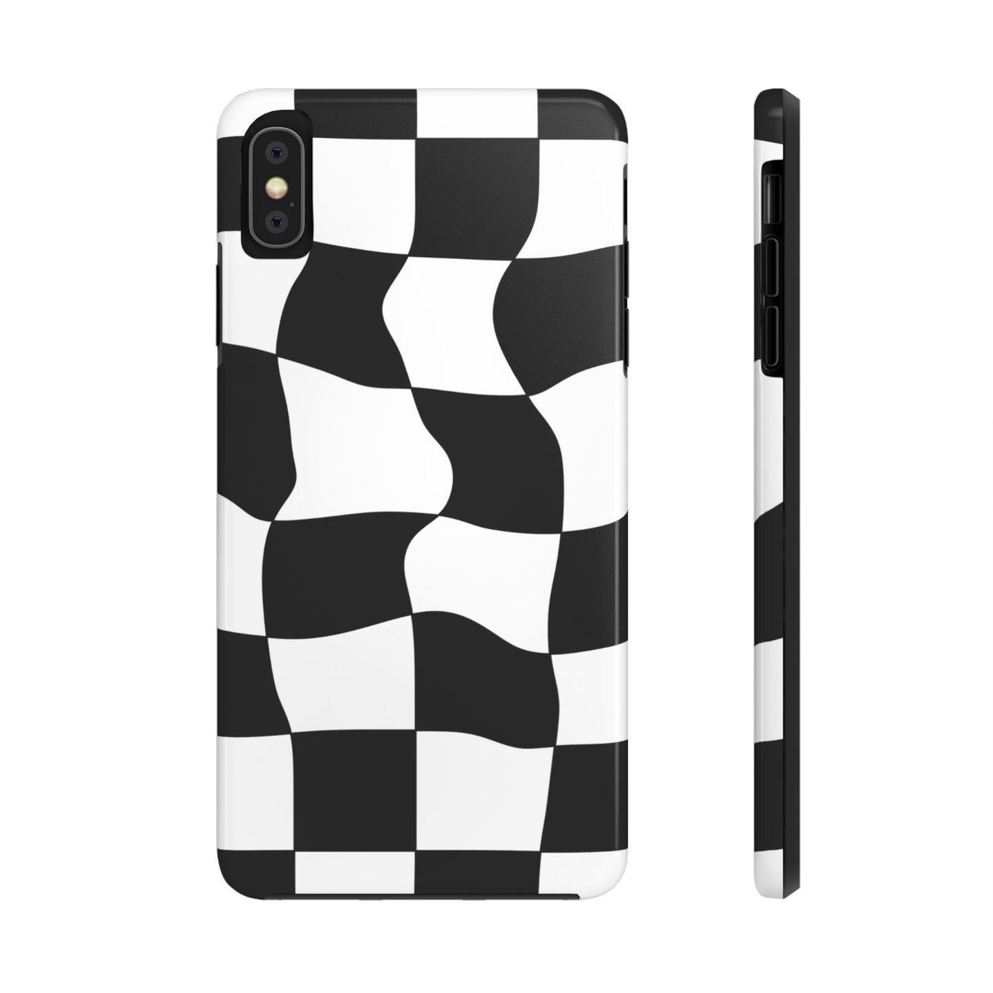 "Stand out with this sleek, black-and-white checkered phone case featuring a stylish, wavy design for a unique and modern look!"