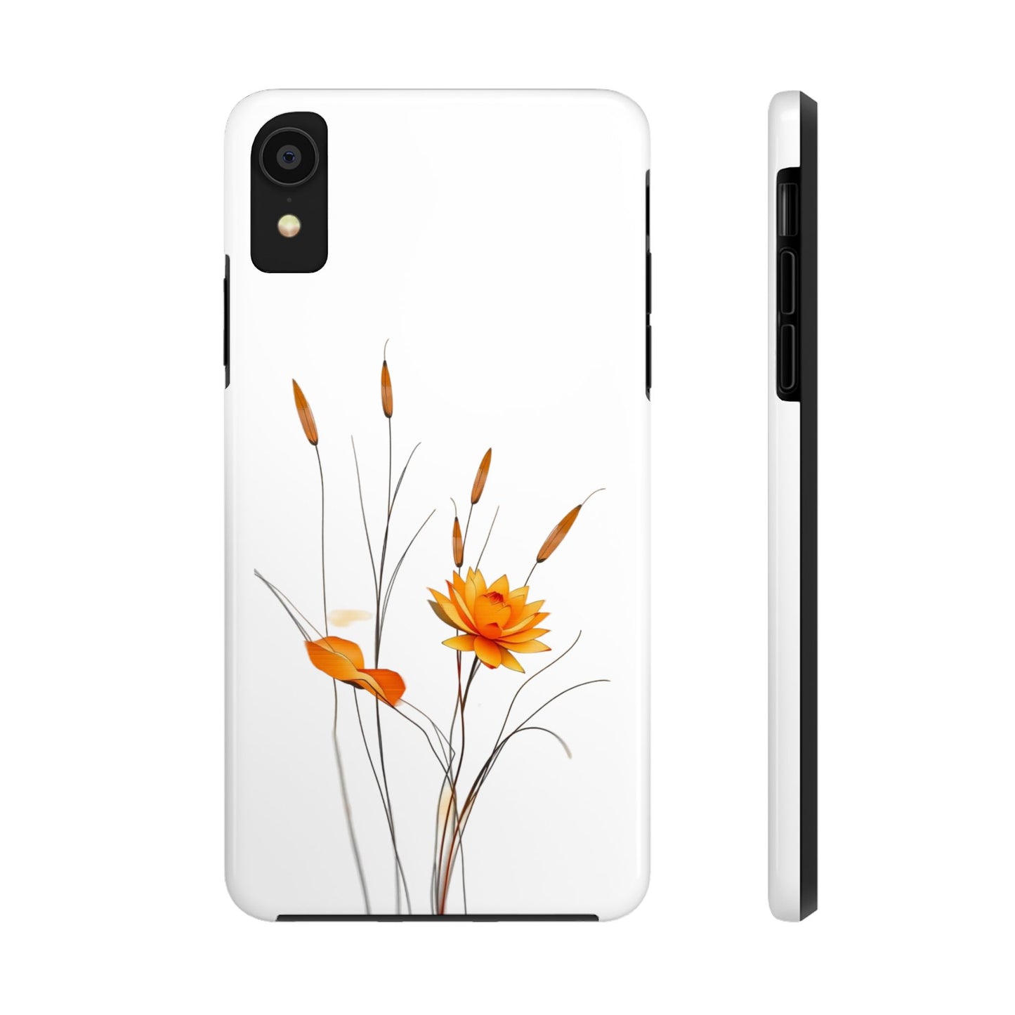 "Nature-Inspired Design Tough Phone Case – Bold Orange Blossom with Graceful Reeds"