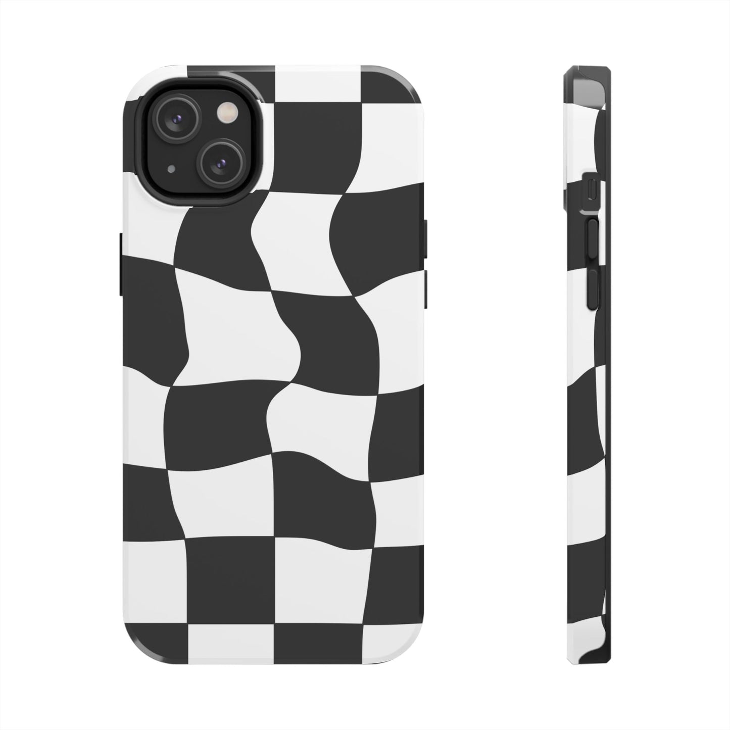 "Stand out with this sleek, black-and-white checkered phone case featuring a stylish, wavy design for a unique and modern look!"