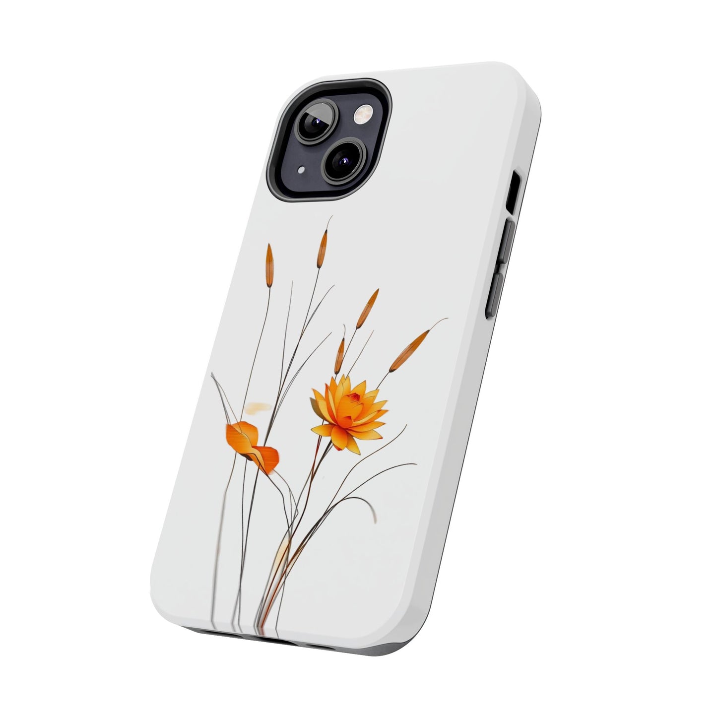 "Nature-Inspired Design Tough Phone Case – Bold Orange Blossom with Graceful Reeds"