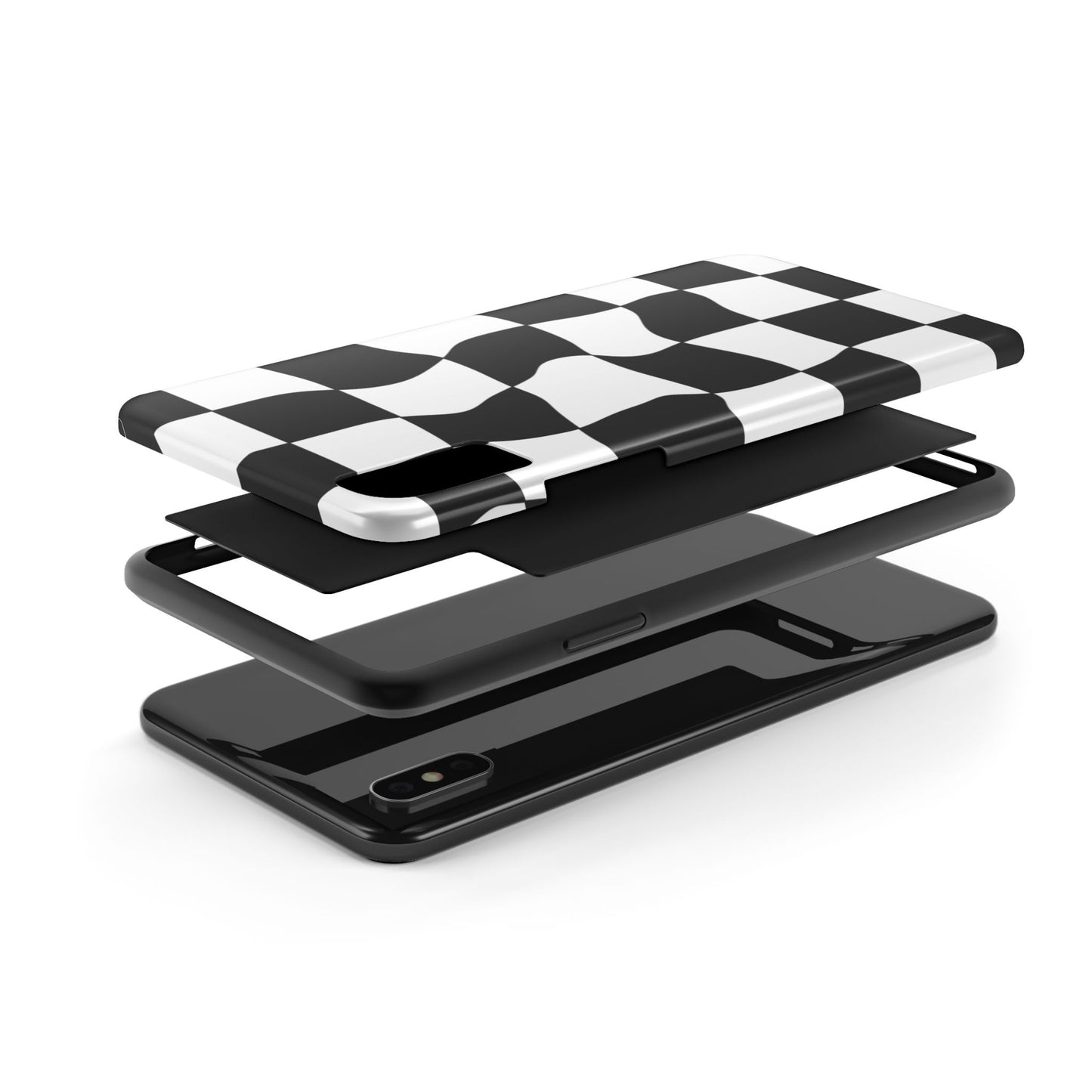 "Stand out with this sleek, black-and-white checkered phone case featuring a stylish, wavy design for a unique and modern look!"