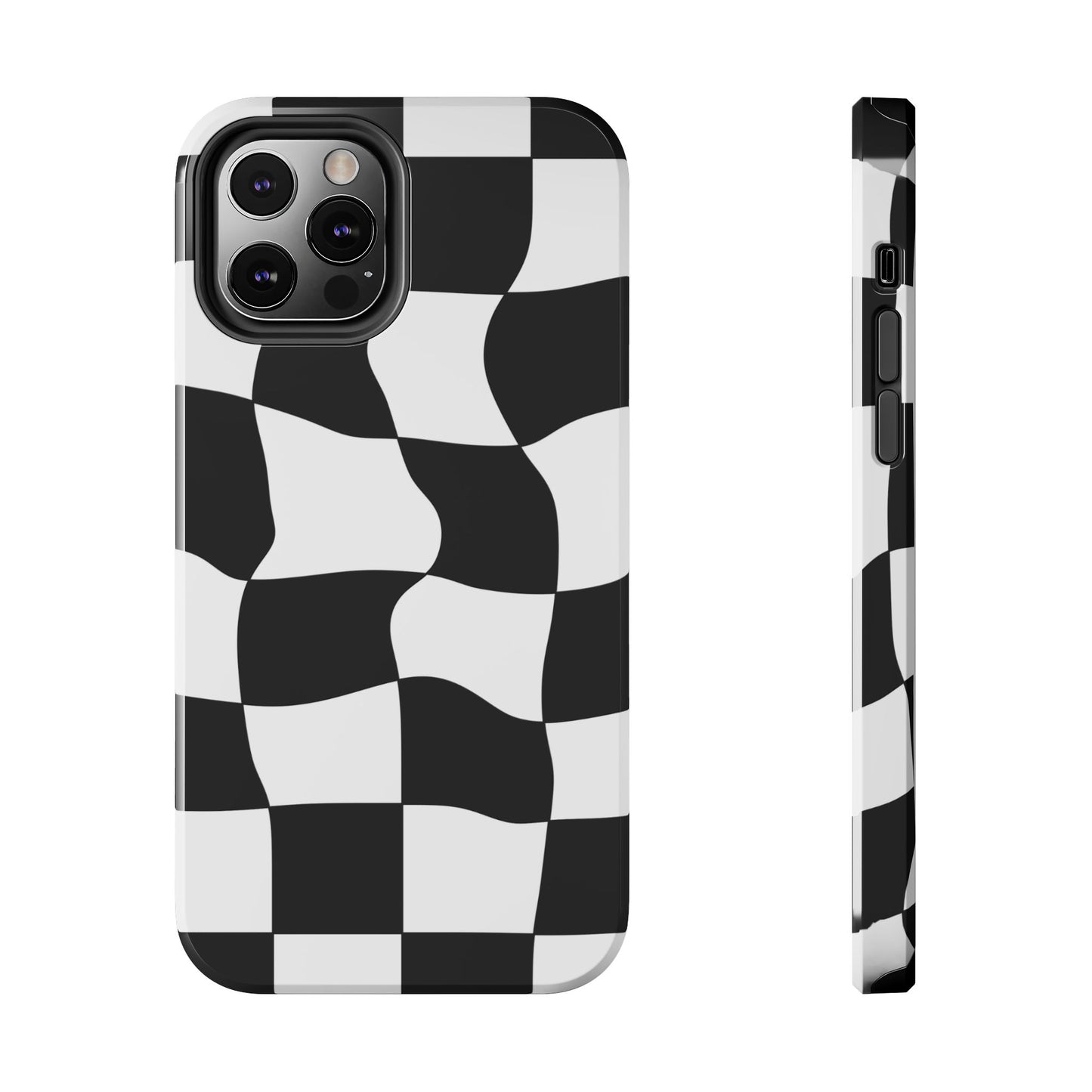 "Stand out with this sleek, black-and-white checkered phone case featuring a stylish, wavy design for a unique and modern look!"