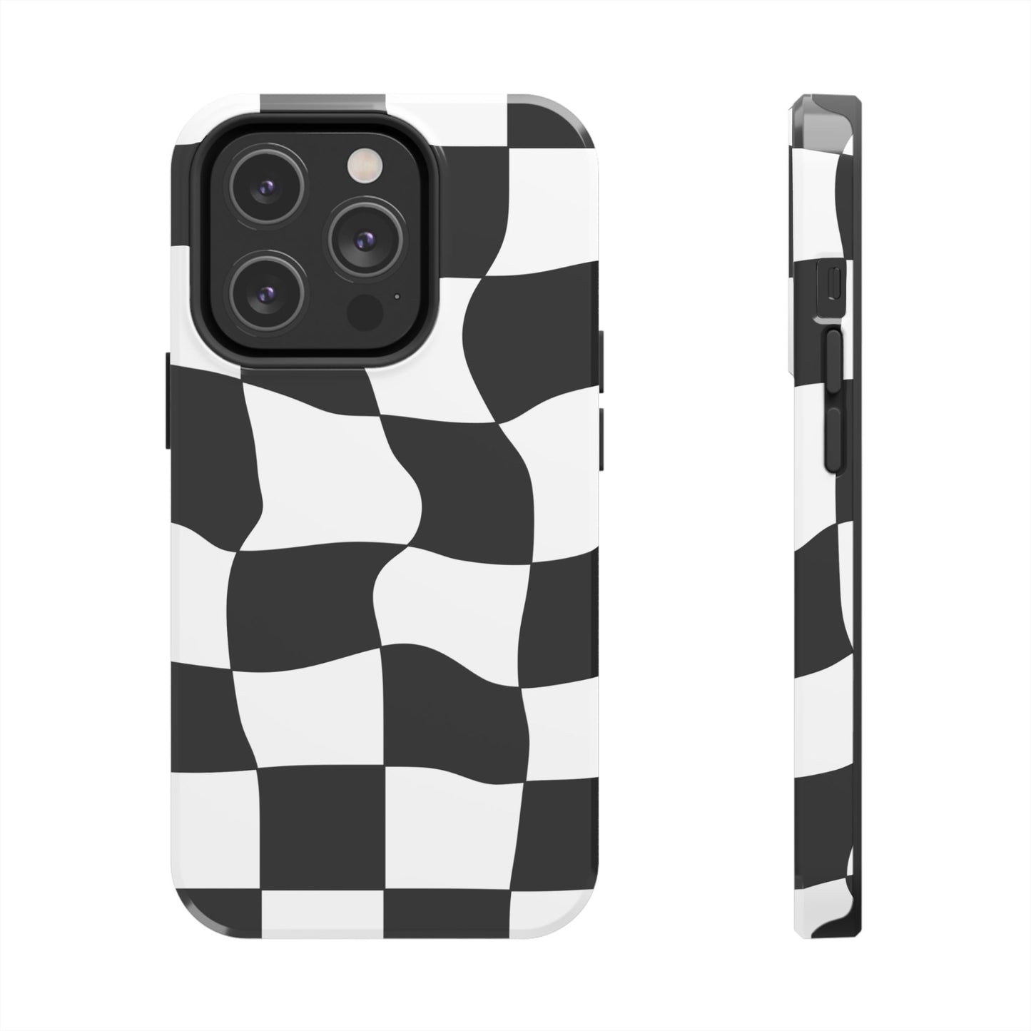 "Stand out with this sleek, black-and-white checkered phone case featuring a stylish, wavy design for a unique and modern look!"