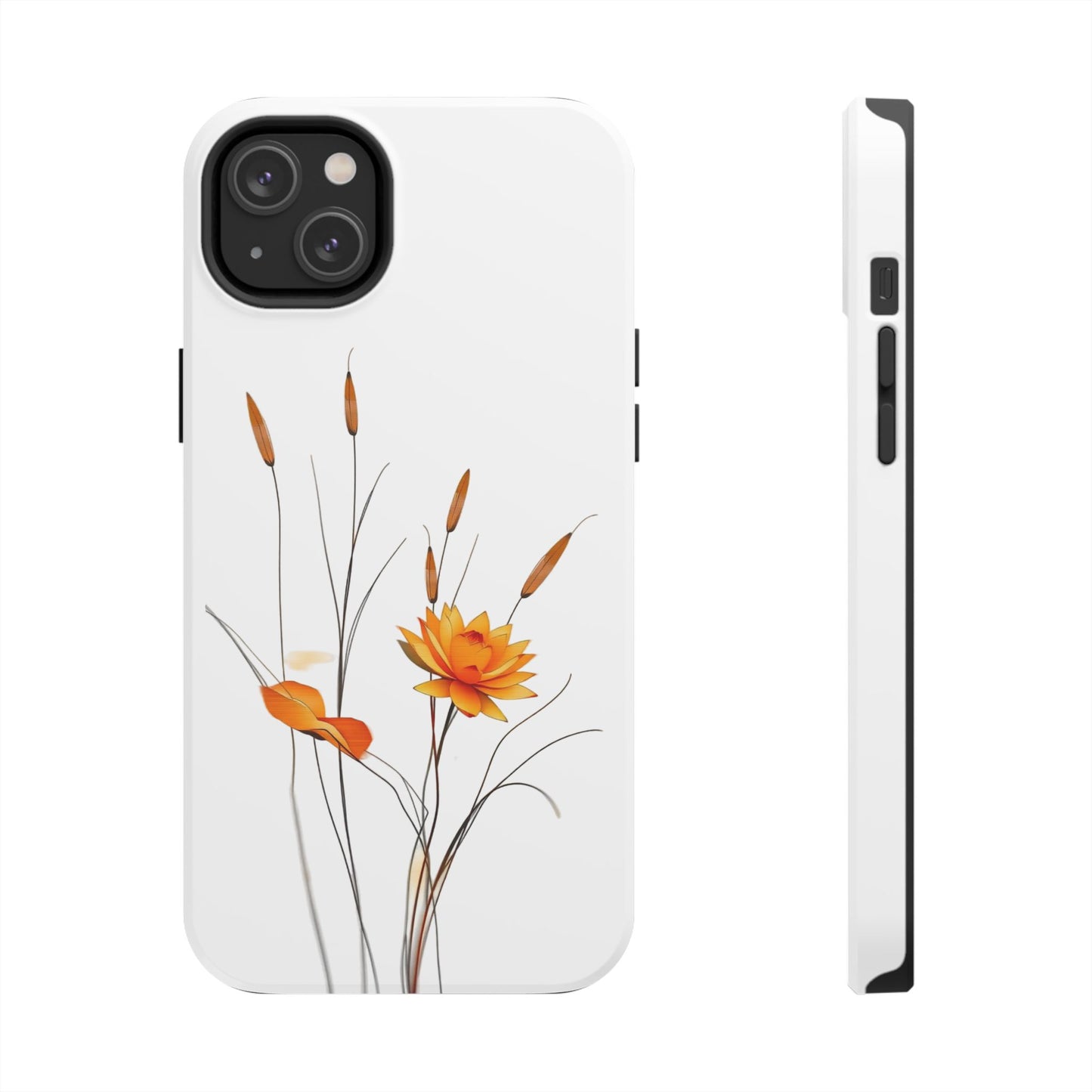 "Nature-Inspired Design Tough Phone Case – Bold Orange Blossom with Graceful Reeds"