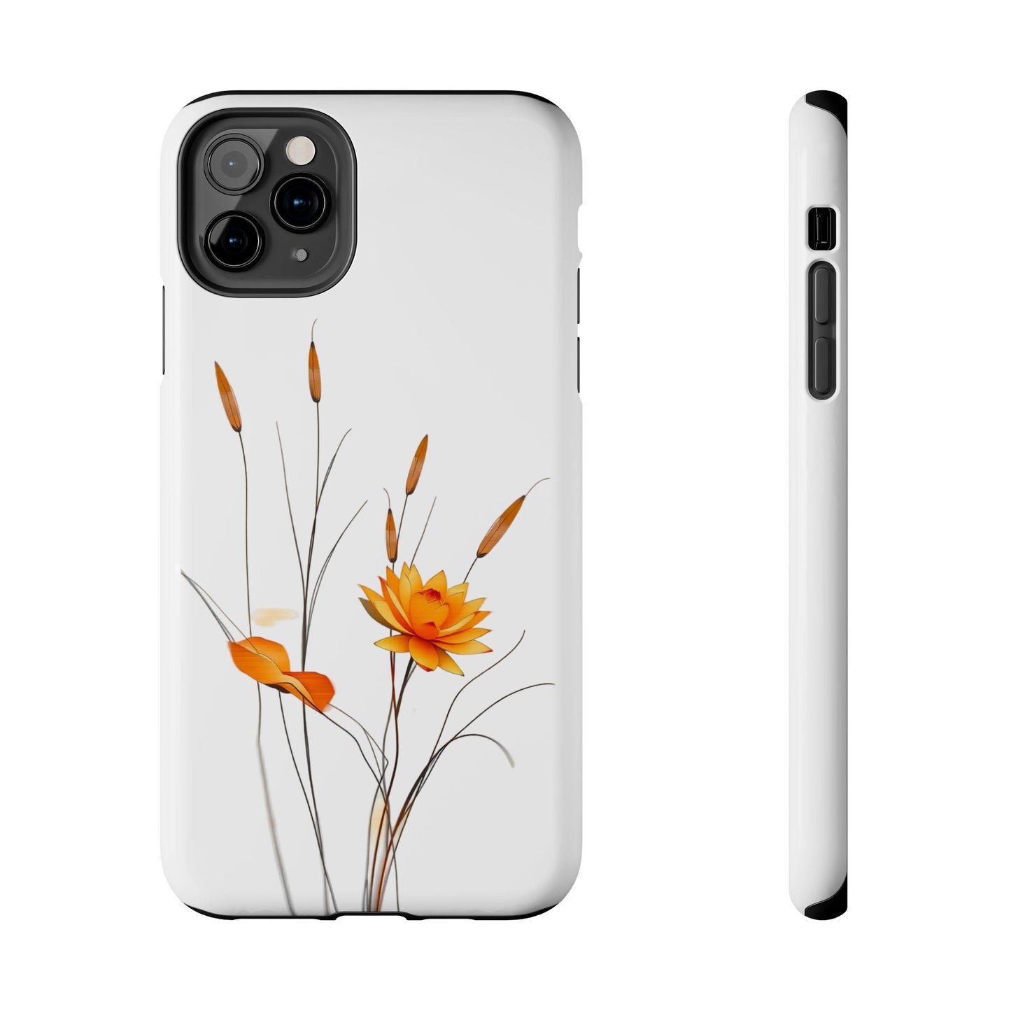 "Nature-Inspired Design Tough Phone Case – Bold Orange Blossom with Graceful Reeds"