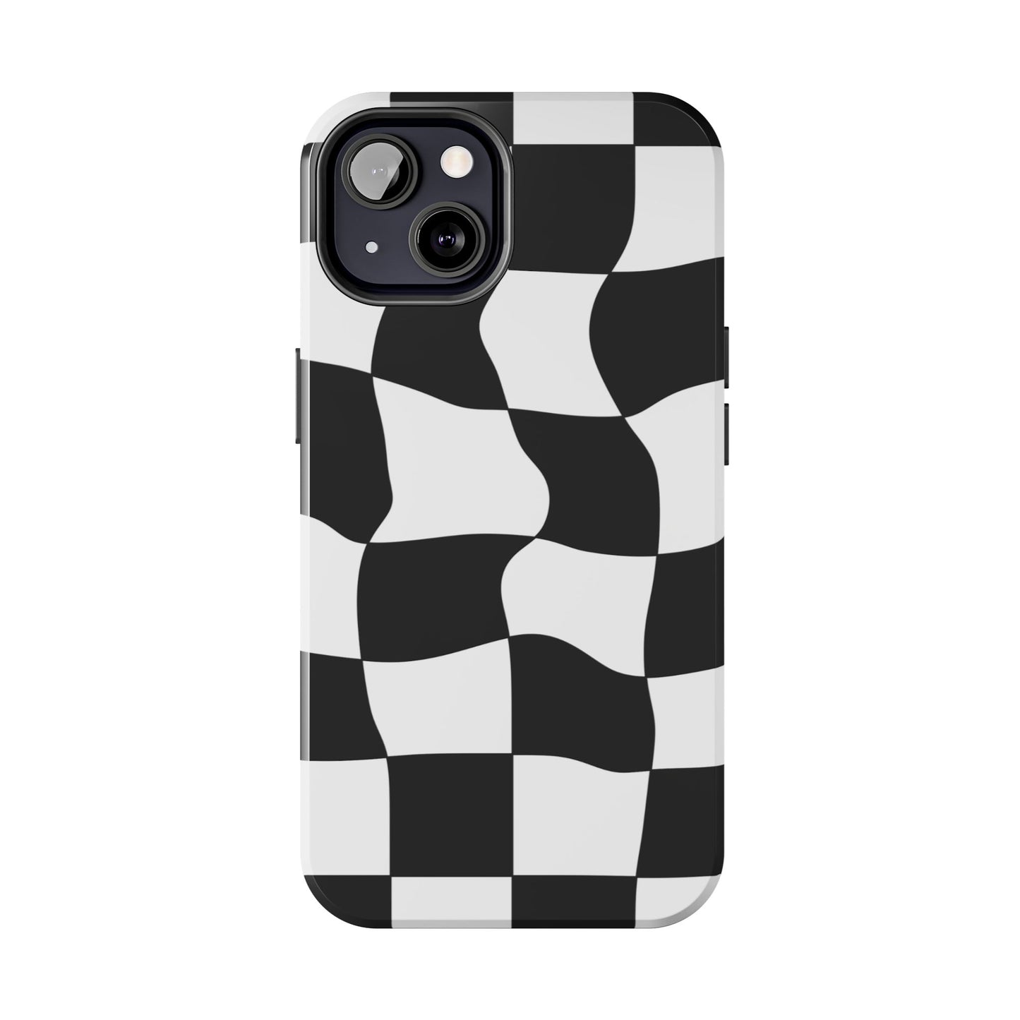 "Stand out with this sleek, black-and-white checkered phone case featuring a stylish, wavy design for a unique and modern look!"