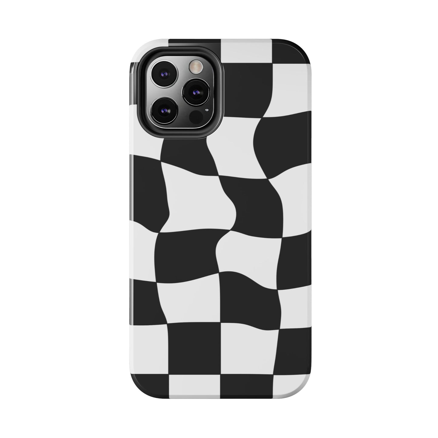 "Stand out with this sleek, black-and-white checkered phone case featuring a stylish, wavy design for a unique and modern look!"