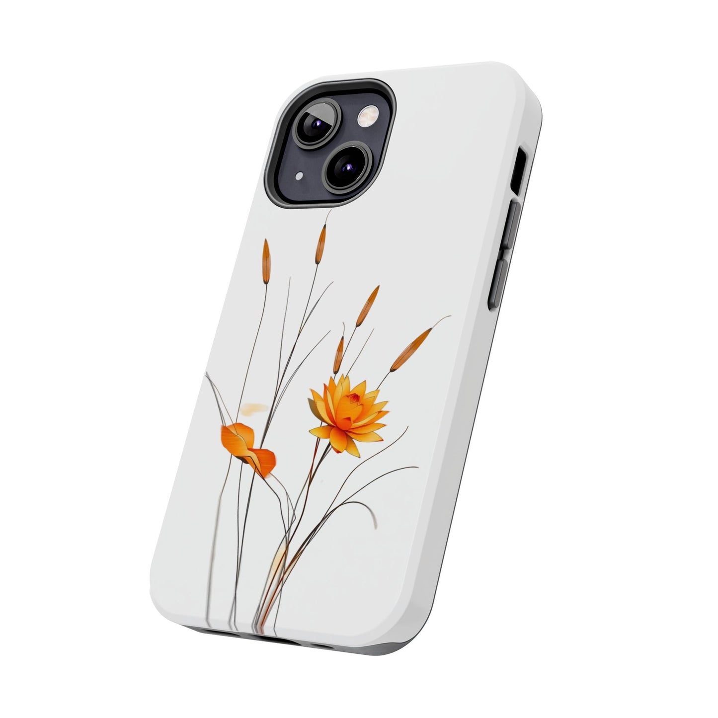 "Nature-Inspired Design Tough Phone Case – Bold Orange Blossom with Graceful Reeds"