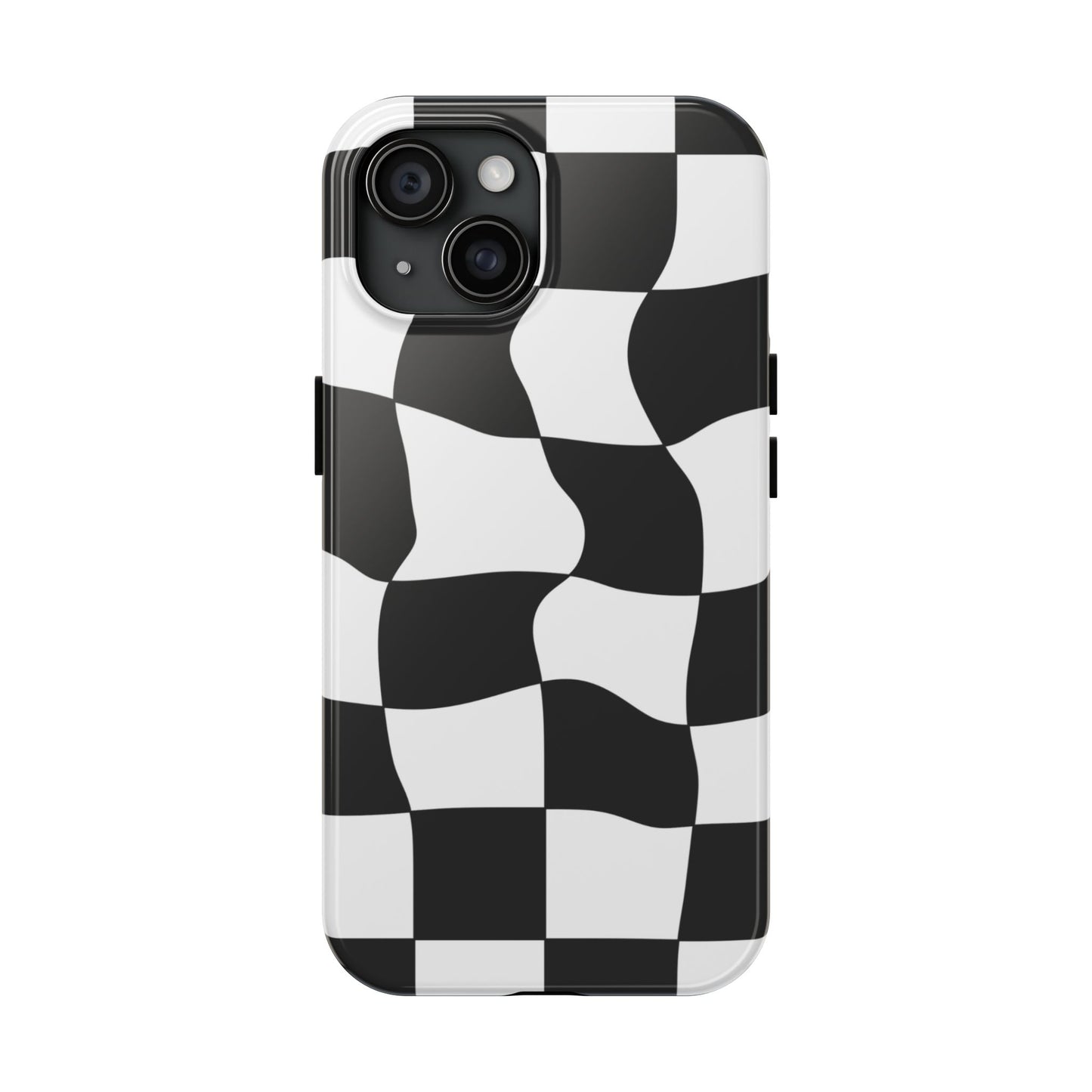 "Stand out with this sleek, black-and-white checkered phone case featuring a stylish, wavy design for a unique and modern look!"