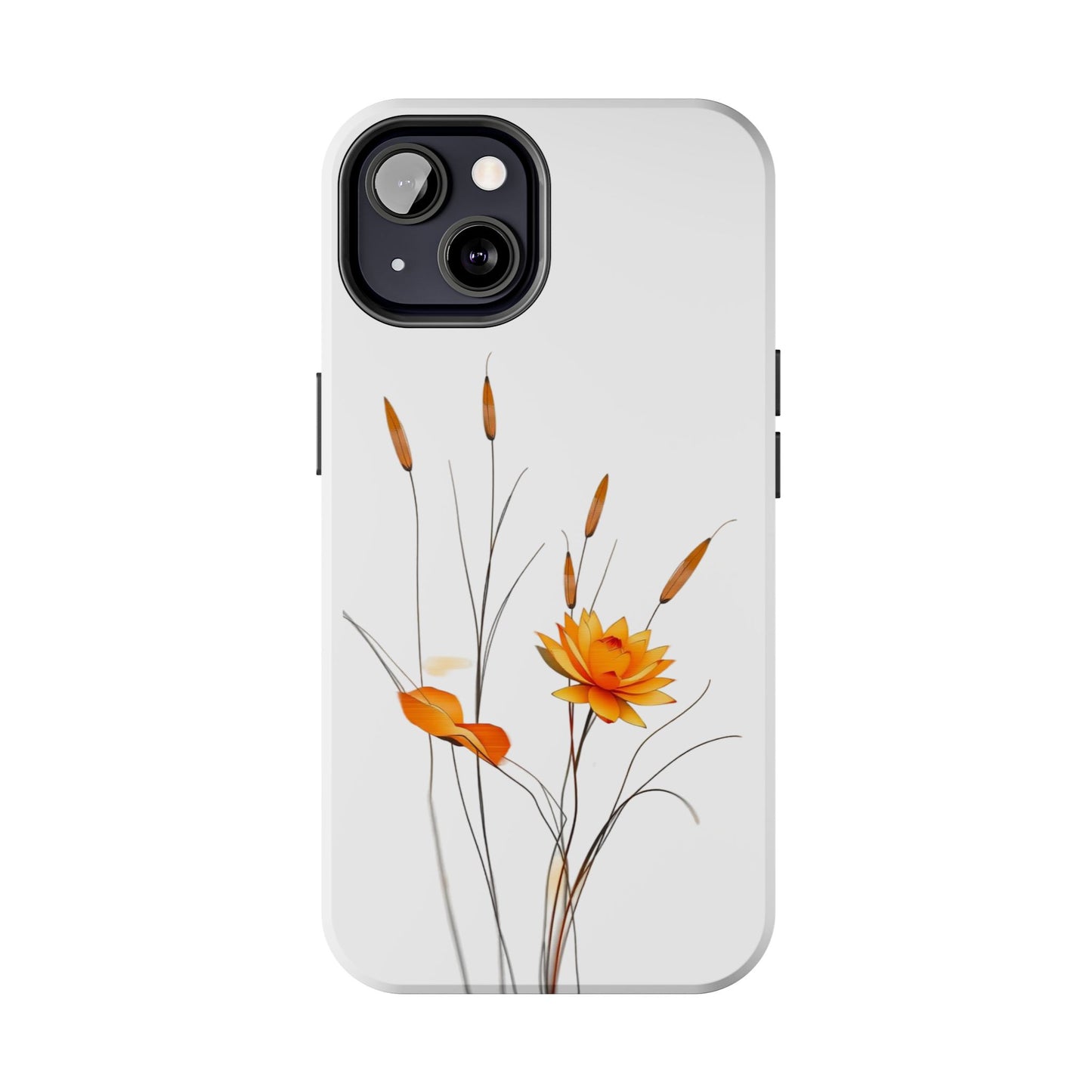 "Nature-Inspired Design Tough Phone Case – Bold Orange Blossom with Graceful Reeds"