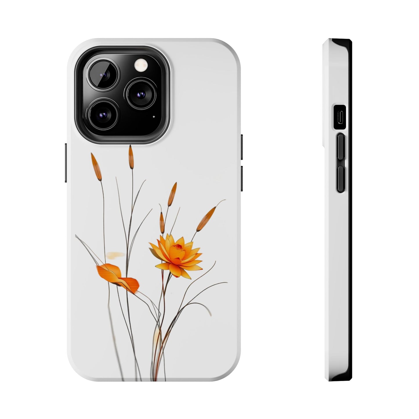 "Nature-Inspired Design Tough Phone Case – Bold Orange Blossom with Graceful Reeds"