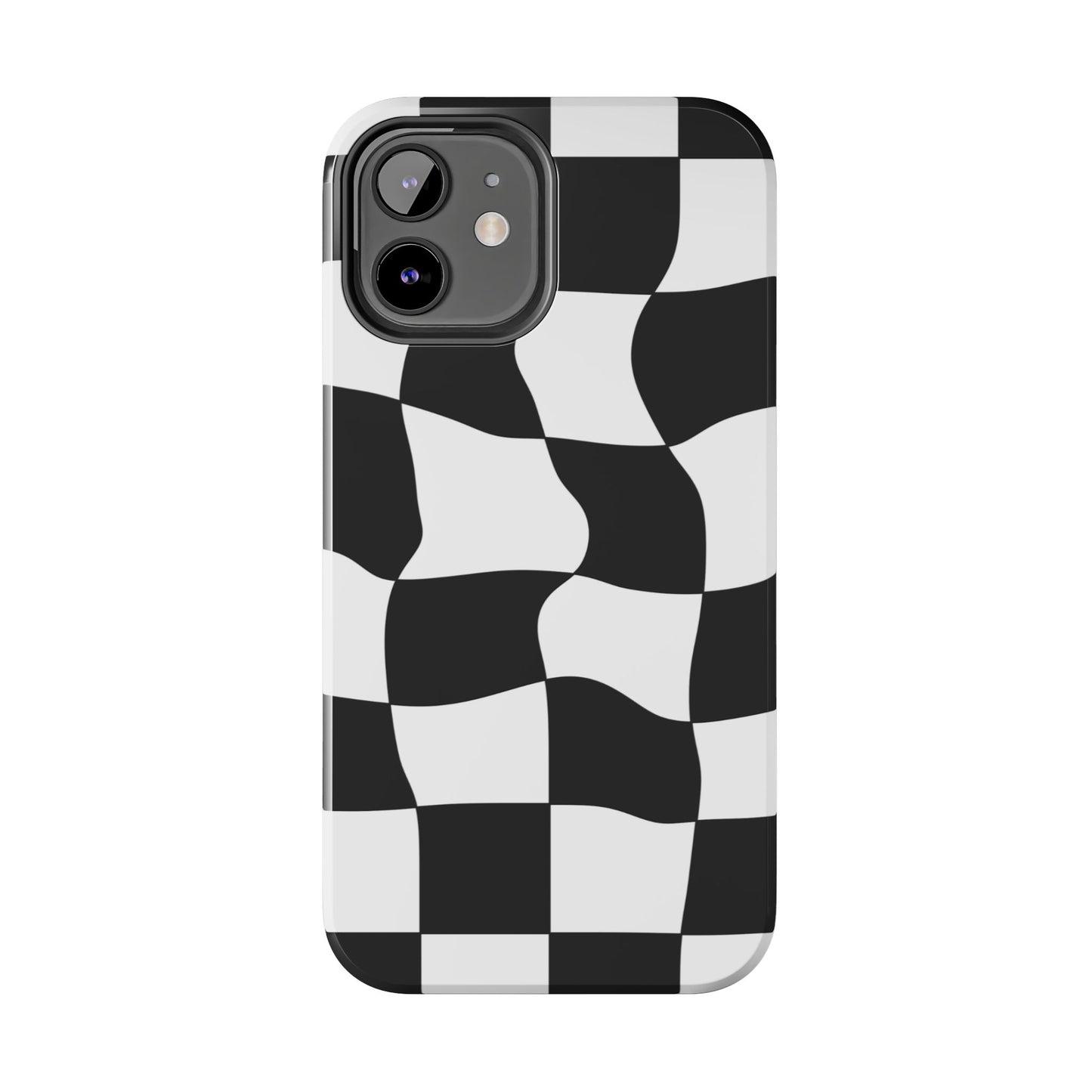 "Stand out with this sleek, black-and-white checkered phone case featuring a stylish, wavy design for a unique and modern look!"