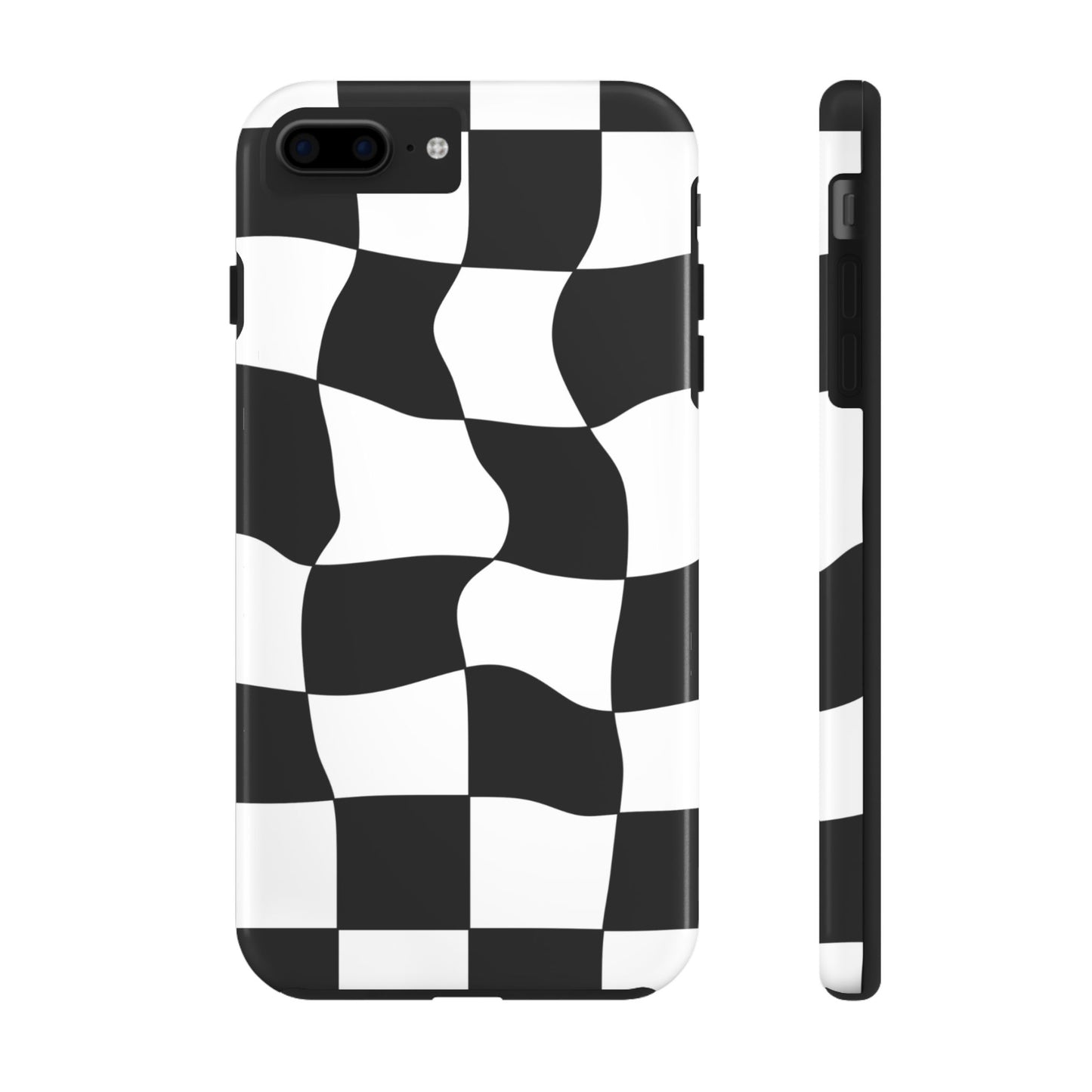 "Stand out with this sleek, black-and-white checkered phone case featuring a stylish, wavy design for a unique and modern look!"